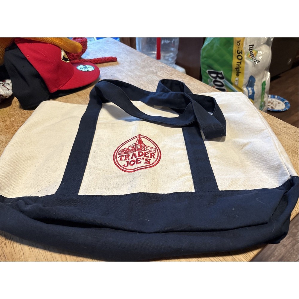 Authentic Trader Joe’s Reusable Canvas Eco Tote Bag Heavy Duty Bag Blue White